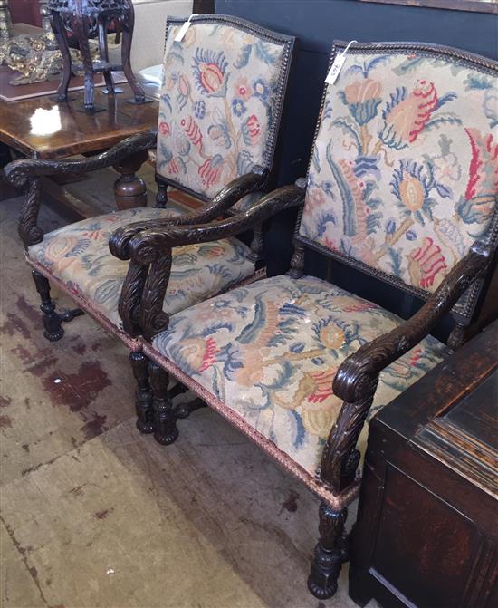 Pair of Louis XVI style carved and stained beech open armchairs(-)